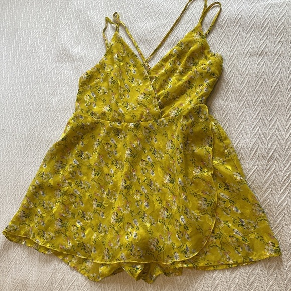 Revamped Tops - Floral Yellow Spaghetti Strap Romper Jumpsuit Skort Shorts Sheer Feminine Boho